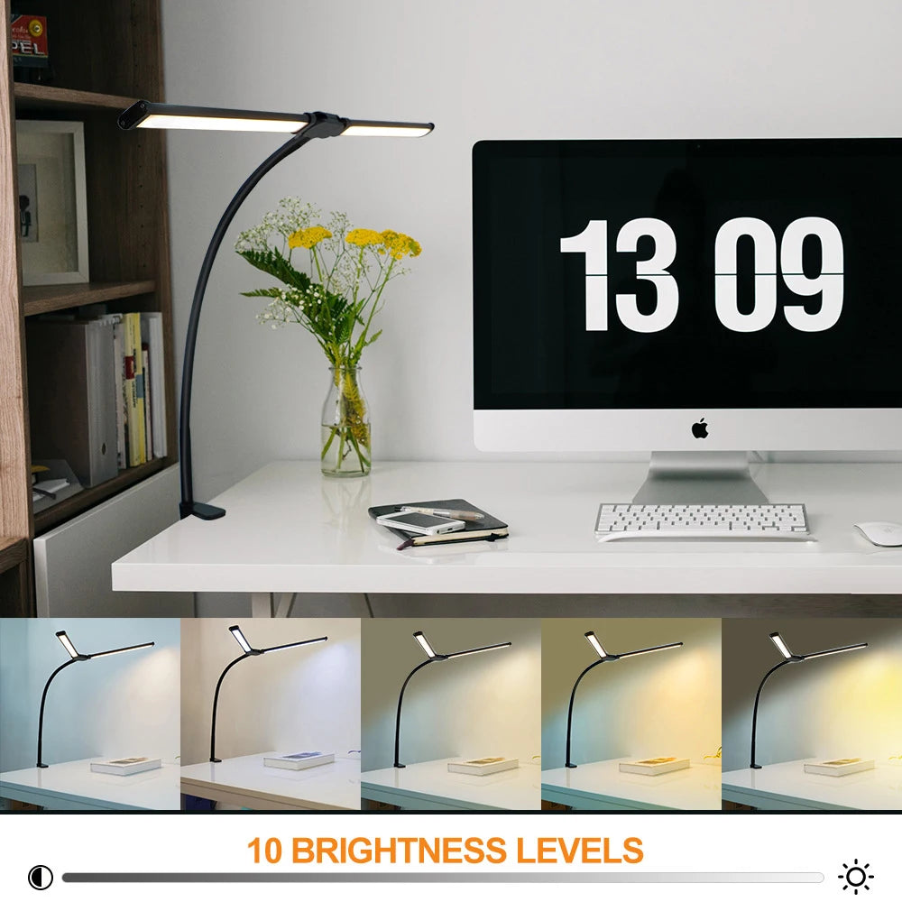 Luminária de mesa LED de 2 cabeças para escritório, casa, lâmpada de arquiteto com braçadeira USB, iluminação ajustável flexível de 3 cores. O maior aliado para quem precisa trabalhar ou estudar a noite inteira.