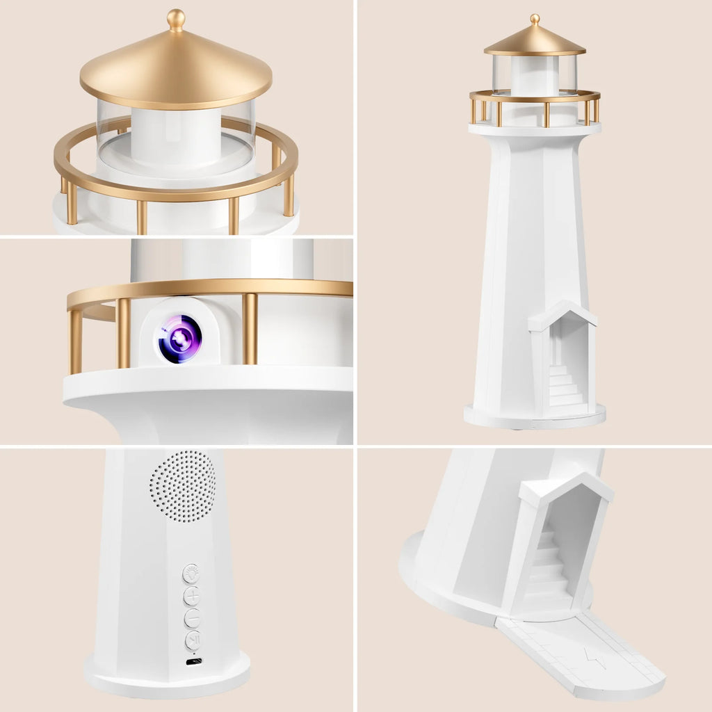 Luminária noturna em formato de farol lunar com alto-falante Bluetooth, carregador sem fio, ideal para quarto, decoração aconchegante e projetor de lua. Perfeito para presentear.
