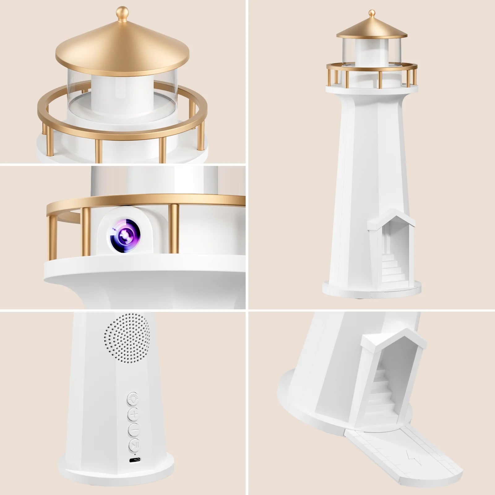 Luminária noturna em formato de farol lunar com alto-falante Bluetooth, carregador sem fio, ideal para quarto, decoração aconchegante e projetor de lua. Perfeito para presentear.
