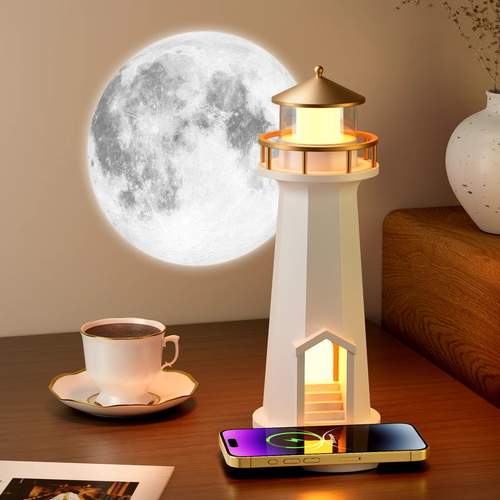 Luminária noturna em formato de farol lunar com alto-falante Bluetooth, carregador sem fio, ideal para quarto, decoração aconchegante e projetor de lua. Perfeito para presentear.