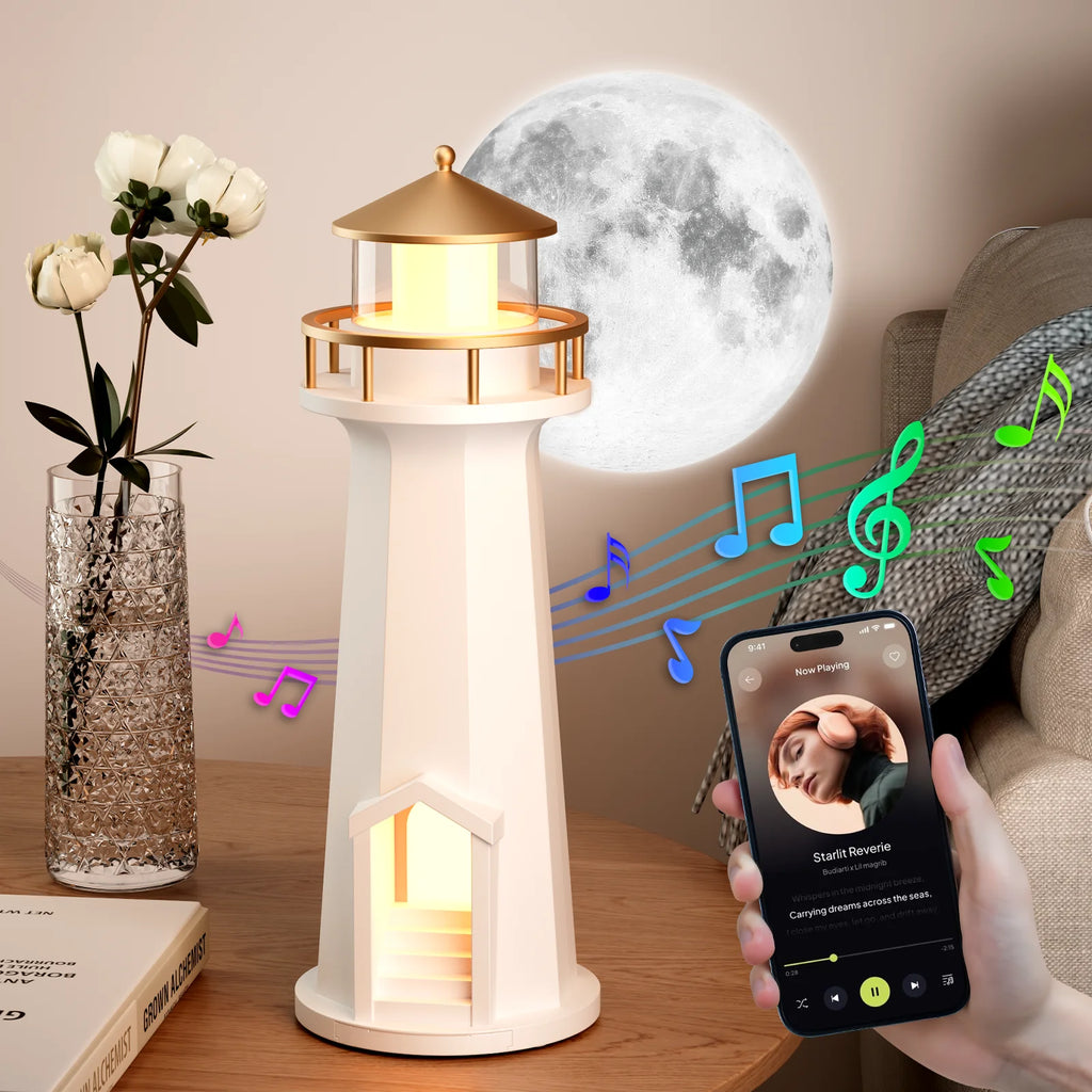 Luminária noturna em formato de farol lunar com alto-falante Bluetooth, carregador sem fio, ideal para quarto, decoração aconchegante e projetor de lua. Perfeito para presentear.