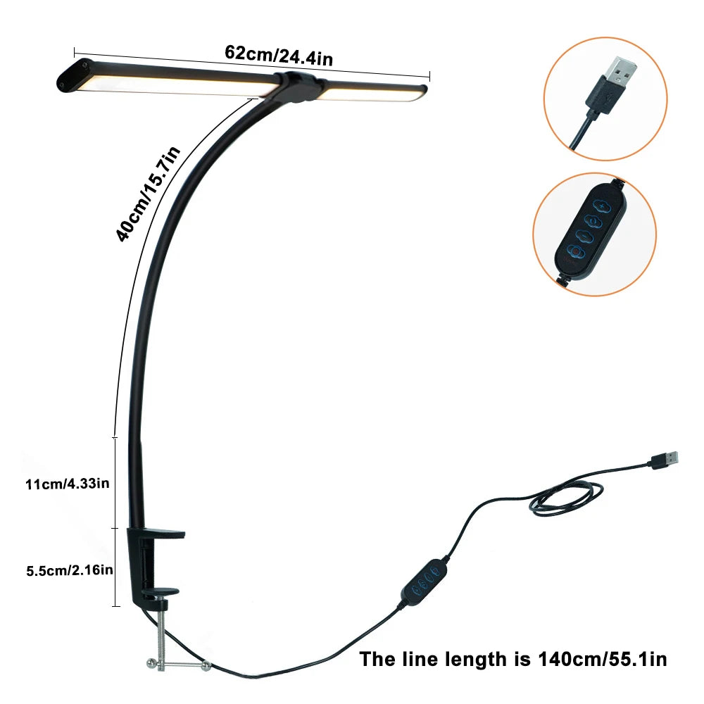 Luminária de mesa LED de 2 cabeças para escritório, casa, lâmpada de arquiteto com braçadeira USB, iluminação ajustável flexível de 3 cores. O maior aliado para quem precisa trabalhar ou estudar a noite inteira.