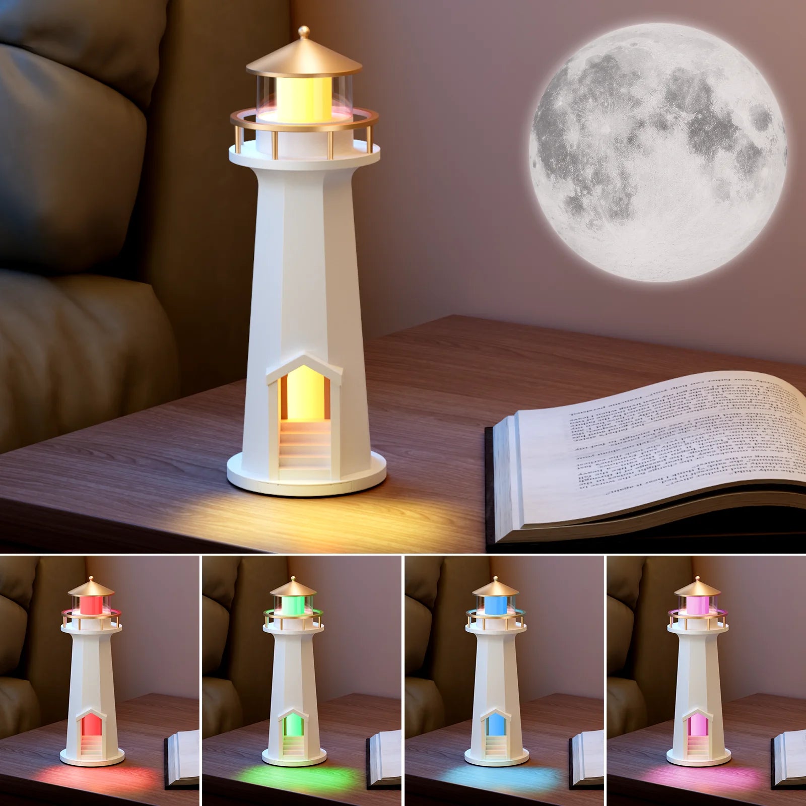 Luminária noturna em formato de farol lunar com alto-falante Bluetooth, carregador sem fio, ideal para quarto, decoração aconchegante e projetor de lua. Perfeito para presentear.